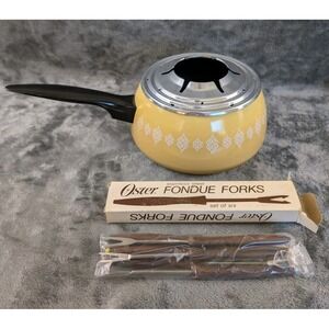Vintage Oster Stainless‎ Steel Fondue Pot Set Yellow Enamel with 6 Forks &...